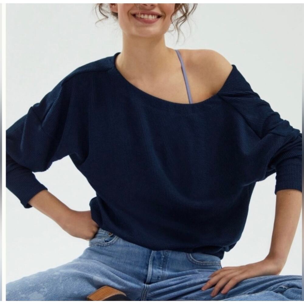 Anthropologie Maeve Kasi Ribbed Boatneck Pullover Navy Blue size L.